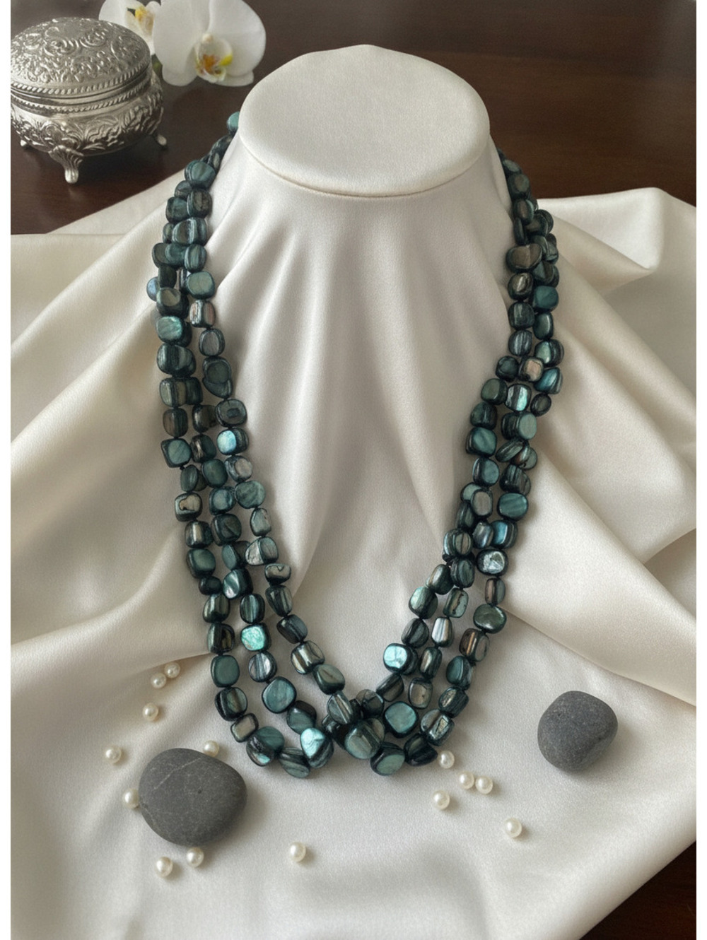 Three-Strand Abalone Shell Necklace with Silver Clasp